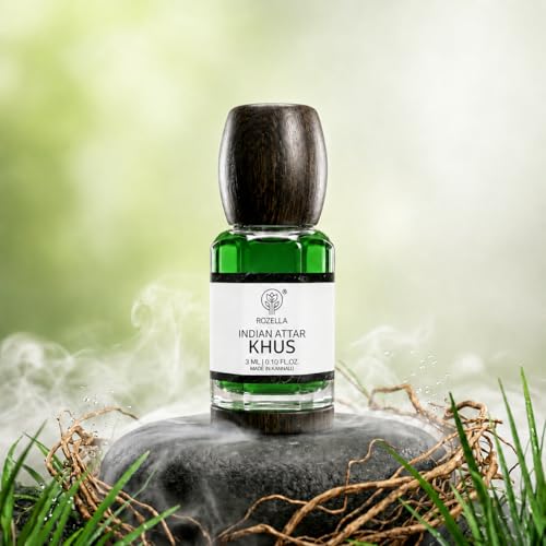 Image of ROZELLA Khus Authentic Attar for Men and Women | Cool Earthy Freshness Perfume Oil | Traditional Fragrance Blend | Non Alcoholic Long Lasting Aroma Attar Roll On | 3 ml