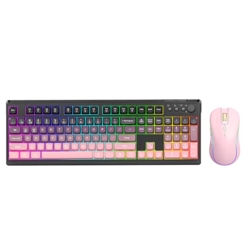 Wireless Keyboard and Mouse Combo, RGB Backlit Rechargeable 2000 mAh Battery, Wireless Computer Keyboards, Tri-Mode Bluetooth/2.4GHz/USB-C Custom Creamy Keyboard, RGB Backlit Media Knob (White-Pink)