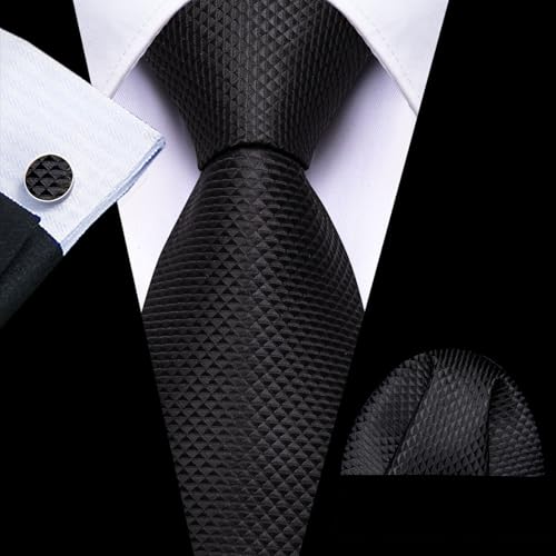 Image of Barry.Wang Plaid Ties for Men Silk Necktie Handkerchief Cuff Links Set