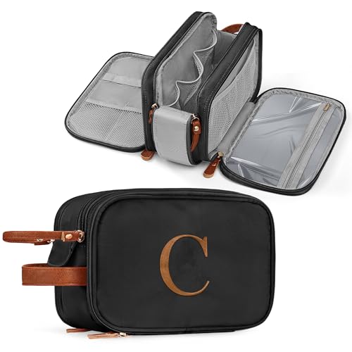 YOOLIFE Toiletry Bag for Men - Travel Toiletry Shaving Bag for Toiletries Accessories, Large Capacity Water-resistant Mens Dopp Kit, Personalized Gifts for Men Birthday Letter C Black