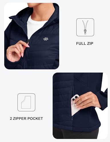 Image of MoFiz Womens Fleece Lined Softshell Jacket Hooded Lightweight Insulated Puffer Hybrid Down Jacket Full Zip Running Coat