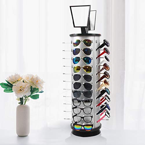 Rotating Eyeglasses Display Stand, 44 Pairs 360° Rotating Sunglass Holder Sunglass Display Rack Freestanding Glasses Holder with Mirror for Optical Shops, Eyeglasses Fairs, Fashion Accessory Stores (Round)