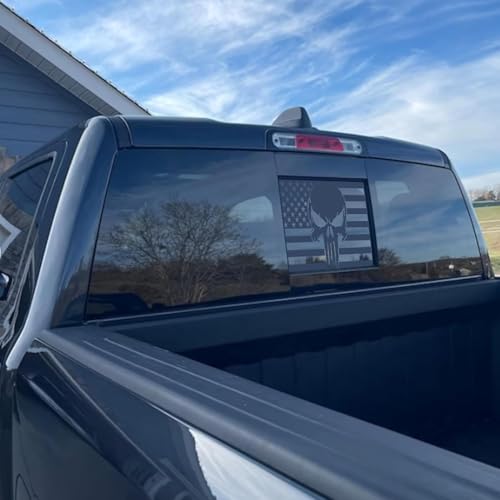 Image of for Ford F150 2015-2023 Rear Middle Window Skull American Flag Decal, Matte Black Skull American Flag Decal for Truck, Truck Aceessories