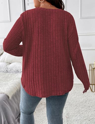 Image of Koscacy Women Plus Size Casual Knit Sweater V Neck Solid Color Tops Lightweight Long Sleeve Blouses