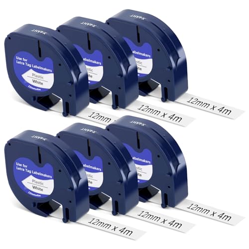 6 x Cinta para Dymo Etiquetadora Adhesivas para Dymo Letratag Recambio Plastic 12mm x 4m para Dymo Etiquetas Cintas de Etiquetas Negro Sobre Blanco para Letratag XR 200B QX50 LT-100H LT100T LT110T