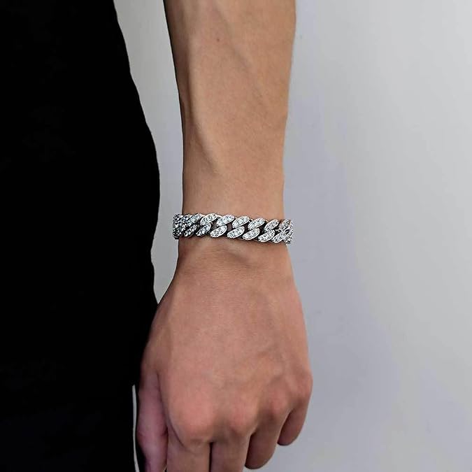 14K Gold Over S925 Silver 12mm Men's Bracelet, Densely Set Moissanite Cuban Hand Chain, Exquisite Choice for Marking Special Events or Milestones,Fathers Day