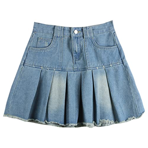 Jupe en jean plissée taille haute pour femme bleu taille M