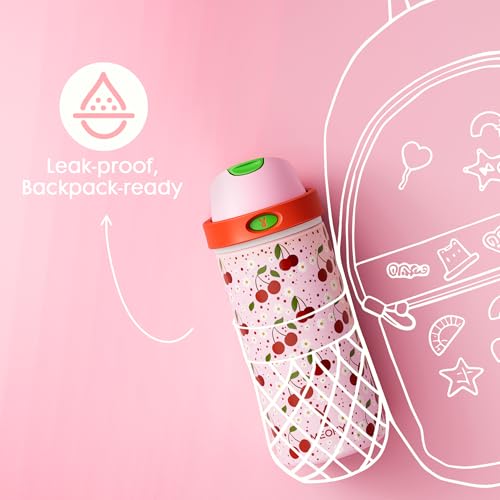 Image of 18 oz Insulated Water Bottle for Kids: Meoky Stainless Steel Water Bottle with 2-in-1 Straw and Spout Lid - Leak Proof, Cold for 24 Hours, BPA-Free for Girls School Sports, Sweet Cherry