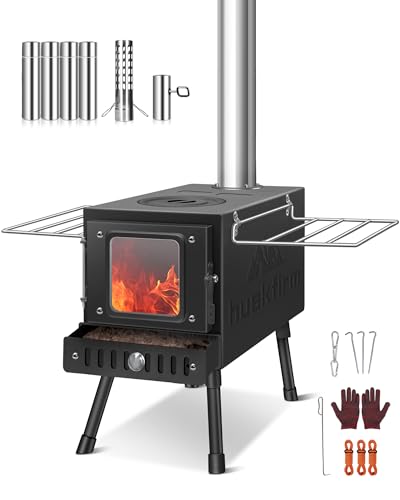 Huskfirm Portable Folding Wood Burning Camping Stove - Includes Chimney Pipes and Spark Arrestor for Tent Heating and Cooking
