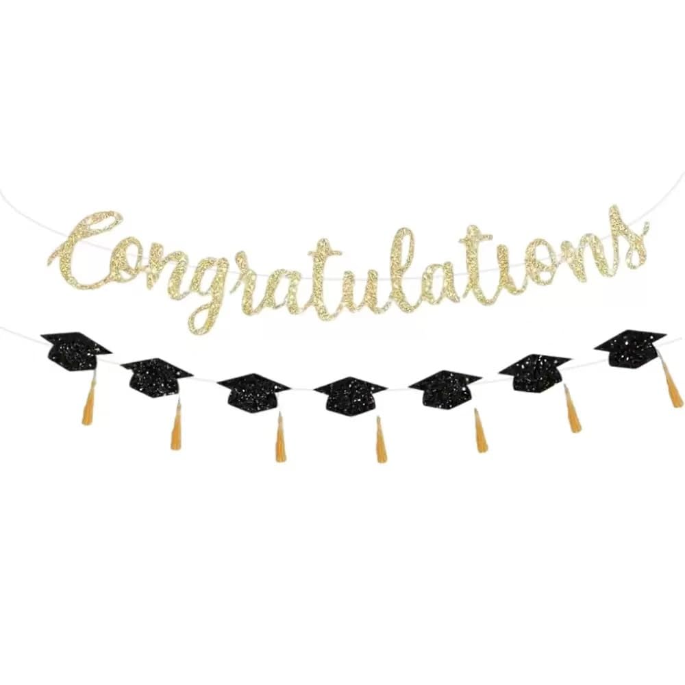 Pre-strung Congrats Grad Banner - No DIY - Gold Glitter Graduation Party Banner - Pre-strung Gold Glitter Letters Congratulations Garland with