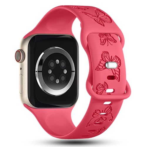 Image of Butterfly Engraved Bands Compatible with Apple Watch Band 41mm 40mm 38mm 49mm 46mm 49mm 46mm 45mm 44mm 42mm Women, Silicone Sport Strap for iWatch Series SE 10 9 8 7 6 5 4 3 2 1 SE Ultra