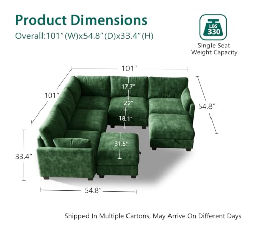 Image of Modular Sectional Sofa, Oversized V-Shaped Couch with Storage | High Resilience Foam, 22 inch Seat Depth, Movable Ottoman, Comfy Chenille, Easy Assembly, Green