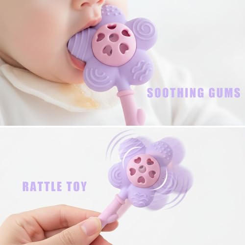 Image of Baby Teething Toys 3-6 Months, Teether and Sensory Rattle for Babies 0-6 Months, Food Grade Silicone Teethers 6-12 Months, Infant Teething Relief Chew Toys, Sunnyflower Teether Toy BPA Free - Purple