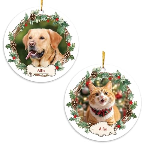 witfox Personalized Dog Christmas Ornaments 2024 - Cat Christmas Ornaments Personalized Photo Memorial Keepsake Gifts for Pet Dog Cat Lovers, Custom Metal Pet Ornaments for Christmas Tree Cover