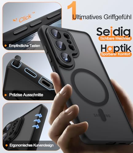 JAME für Samsung Galaxy S26 Ultra Hülle mit 2 Schutzfolie & Vollständiger Kameraschutz Kompatibel mit MagSafe,Stoßfest Kratzfest Transluzente Matt Handyhülle für Samsung S26 Ultra, Schwarz