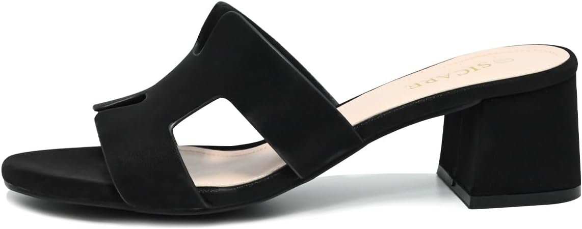 Square Open Toe Strappy Heels Sandals Low Block Chunky Heeled Sandals Slip On Slide Mules Sandals Comfortable Casual Black White Tan Dress Sandals for Women, Black, Size 8 - Image 3