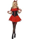 Halloween! Smiffys Fever Kollektion, Sündhafter Teufel Damenkostüm, Rot, mit Kleid, Unterrock und Hörnern
