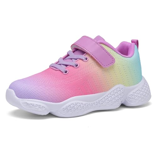KKTOTO Sportschuhe Kinder Kinderschuhe Mädchen Turnschuhe Laufschuhe Atmungsaktiv Schule Sneaker Leicht Fitnessschuhe Klettverschluss Hallenschuhe Farbverlauf Lila 32 EU