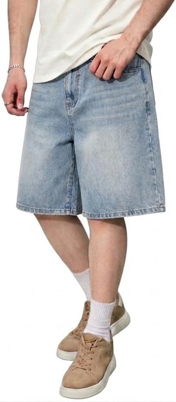 LOGEQI Men's Baggy Jean Shorts Y2K Jorts Vintage Wide Leg Denim Shorts Loose Fit Skater Streetwear Knee Length Casual Pants