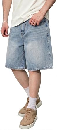 LOGEQI Mens Baggy Jean Shorts Y2K Jorts Vintage Wide Leg Denim Shorts Loose Fit Skater Streetwear Knee Length Casual Pants