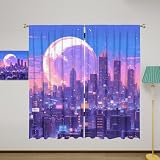 Japanese Anime Blackout Curtains for Girls Boy Home Decor, Pixel Art Cyberpunk City Skyline Neon Rod Pocket Thermal Insulated Drapes Darkening Window Curtain for Bedroom Living Room, 42 x 63 Inch