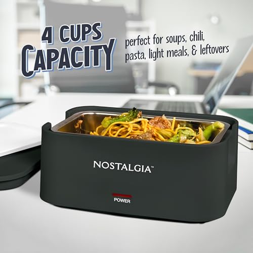 Nostalgia 32-Ounce Heated Electric Lunch Box – Travel Size 4 Cup Capacity for Soup, Pasta, and Leftovers – Leak-Proof Silicone Sealed Lid, Foldable Carry Handle, Detachable Cord – Black by Nostalgia - Image 4