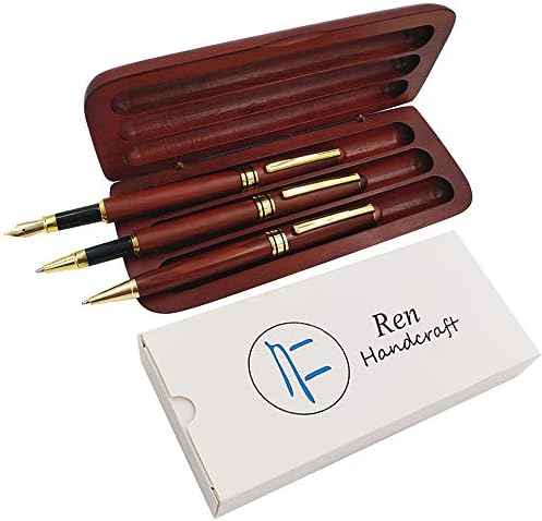 3 Pcs Wooden Pens Set with Pen Gift Case/Best Writing Fountain Pen, Fancy Ballpoint Pen and Luxury Gel Pen with Ink Refills, Promotional Business Designer Pens