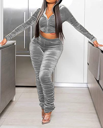 Velvet Track Suits For Women Set Velour Ruched Long Sleeve Hooded Zip Crop Tops Stacked Bodycon Pants Two Piece Tracksuit Outfits Jogger Set Grey X-Large #TOP3