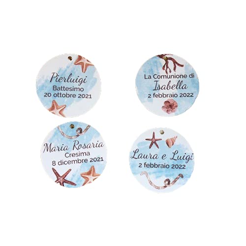 20 Cartellini Tag Tema Mare – Bigliettini Tondi Personalizzati con Nomi, Ideali per Bomboniere, Segnaposto, Cerimonie, Matrimonio, Comunione, Battesimo, Nozze Oro e Argento
