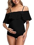 MiYang Women Maternity Swimwear Off-Shoulder Flounce One Piece Printing Bathing Suit Black Medium