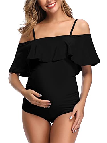 Miyang Women Maternity Swimwear Off-Shoulder Flounce One Piece Printing Bathing Suit Black Medium #TOP22