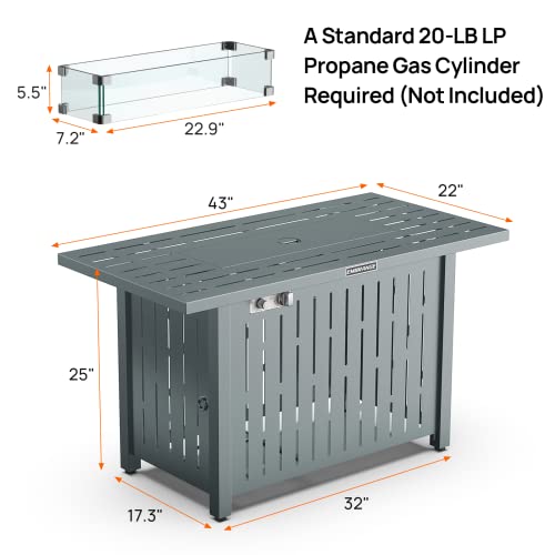 Embrange 43-Inch Propane Gas Fire Pit Table, Pulse Ignition 50,000Btu Csa Certification Rectangle Firepit Table With Glass Wind Guard Fire Glass Metal Lid And Cover For Outside (Bluish-Grey) #TOP1