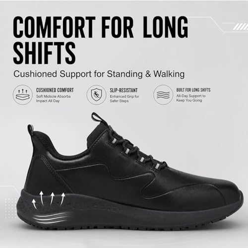 Image of Non Slip Work Shoes for Men Slip on Waterproof Kitchen Chef Restaurant Walking Sneakers Comfortable Food Service Working Footwear Leather Nursing Shoe