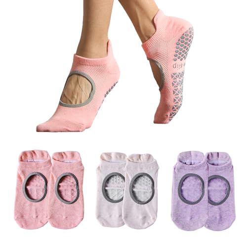 Sunolkie 3 Paar Damen Pilates Anti-Rutsch Socken, Frauen Yoga Anti-Rutsch Socken, Tanzstudio, Yoga, Pilates, Krankenhaus für Schwangere (Rosa,Beige, Lila)