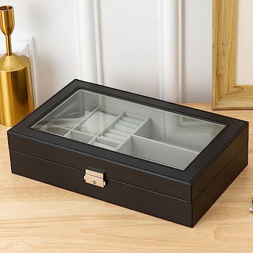XTUJGJKV Boîte à bijoux pour hommes, organisateur de montres et de lunettes de soleil avec décoration métallique, étui de rangement en cuir PU pour bagues, boutons de manchette, montres et – vue 9