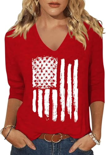 Scgirl Womens 3/4 V Neck Sleeve American Flag Shirts 4th of July Summer Shirts Graphic Tops (M,Red)