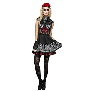Smiffys-44541S Disfraz del Día de Muertos de Fever, con Vestido, Enagua incorporada y di, Color Negro, S-EU Tamaño 36-38 (Smiffy’S 44541S)
