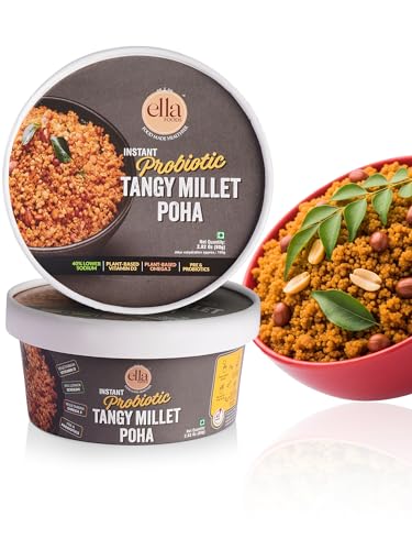 Ella Foods Probiotic Tangy Instant Millet Poha | 40% Less Sodium & Gut-Friendly | Plant-Based Vitamins & Nutrients | Ready to Eat (80g Each, Pack of 2) | Vegetarian & Preservative Free | Instant Food