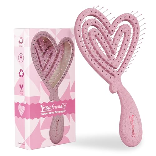 Biofriendly Mini Detangling Hair Brush for Wet & Dry Hair, Compact & Lightweight for On-the-Go Use, Gentle Flexible Bristles for Smooth Detangling, Heart-Shaped Design, Sakura Pink