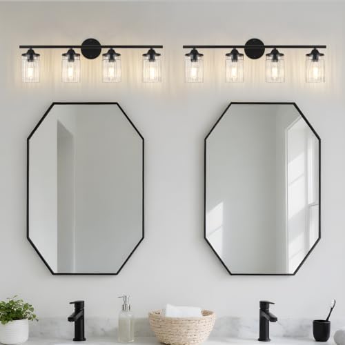 Image of Jonsi Black Bathroom Light Fixtures 4-Light Vanity Lights Modern Wall Sconce with Clear Glass Shade Bathroom Light Fixture Over Mirror for Bedroom Hallway Kitchen