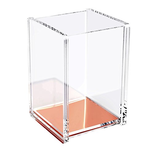 Zodaca [Deluxe Acrylic Design] Soft Touch Square Pen Pencil Ruler Brush Holder Cup Desktop Stationery Makeup Organizer, Clear/Rose Gold