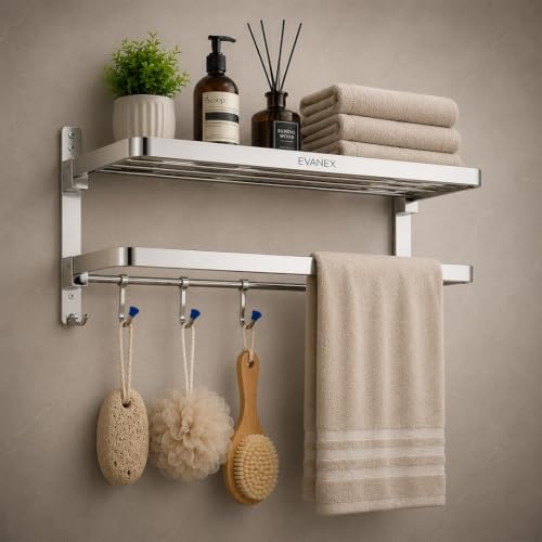 Image of EVANEX Towel Rack for Bathroom 304 Stainless Steel Towel Holder 24 Inch Folding Towel Rack with Shelf Wall Mounted Chrome Finish Bathroom Organizer, Bathroom Accessories Set