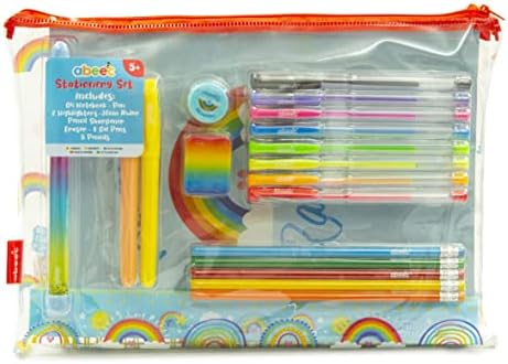 abeec Rainbow Pencil Case with Stationery Included - Stationary Sets for Girls - Includes Gel Pens, A4 Notebook, Glitter Pen and Highlighters - School Stationary Set