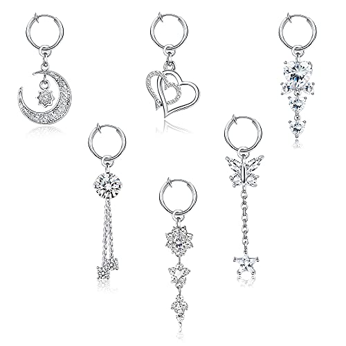 TEN MIRO 6PCS Fake Belly Ring Clip On Belly Button Rings Stainless Steel Faux Moon Star Heart Dangle CZ Flower Belly Rings Non Piercing Navel Ring for Women(Silver)