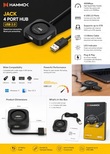 Image of Hammok Jack 4 Port USB 2.0 Hub, 480Mbps High Speed Data Transfer, 1.5 Metre Cable, LED Indicator, Black, Supports 5TB HDD
