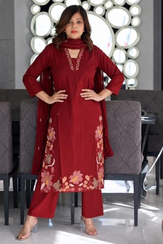 Image of GoSriKi Kurta Set for Women Viscose Embroidered | Kurti Set for Woman | Kurta Palazzo Dupatta 3 Piece Outfit | V Neck 3 /4 Sleeve Regular Fit Ethnic Dress Stylish Womens Clothing Trendy Outfit