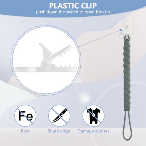 Image of 6-Pack Silicone Pacifier Clips with a Woven Rope Shape for Baby Boys and Girls - Flexible and Rust-Free Holders for Teething Relief and Baby Essentials, Safe for Newborns (Grey)