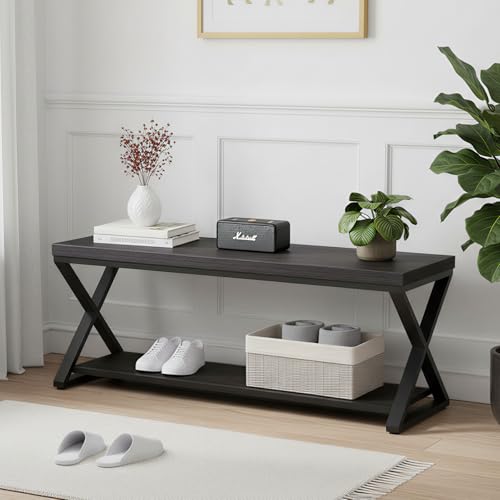 IBF Black Bench, Modern Entryway Bench for Bedroom, Wood Metal