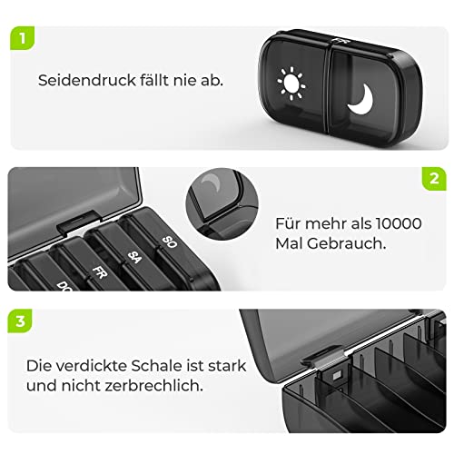 AUVON Tablettenbox 7 Tage Morgens Abends, Handlicher Medikamentenbox Pillendose mit großen Fächern & Privacy-Schutz in Schwarz - Ideal für Medikamente, Vitamine, Fischöl & Nahrungsergänzungsmittel