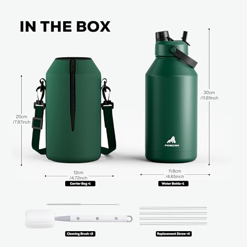 Image of POWCAN 64 oz Insulated Water Bottle with Carrier Bag, 2-in-1 Straw & Spout Lid, Leakproof, Keep Cold 48H, BPA-Free, Stainless Steel Water Bottle with handle for Workout, Trip and Fitness (Forest)